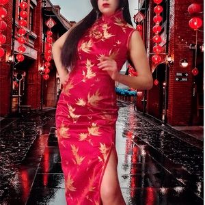 Xs Authentic Chinese traditional red pencil maxi dress